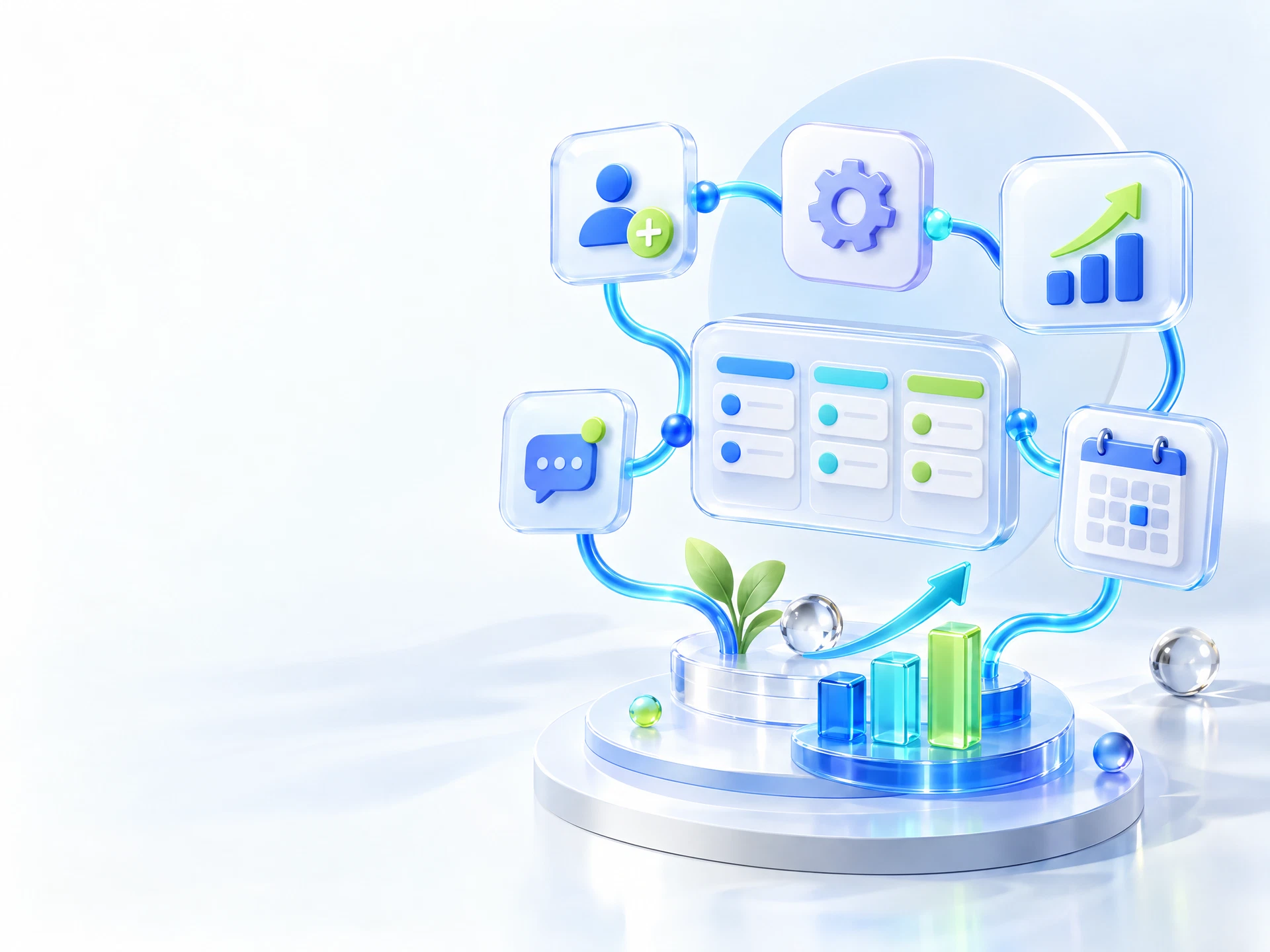 Abstract illustration of connected CRM, workflow, calendar, and lead-capture tools